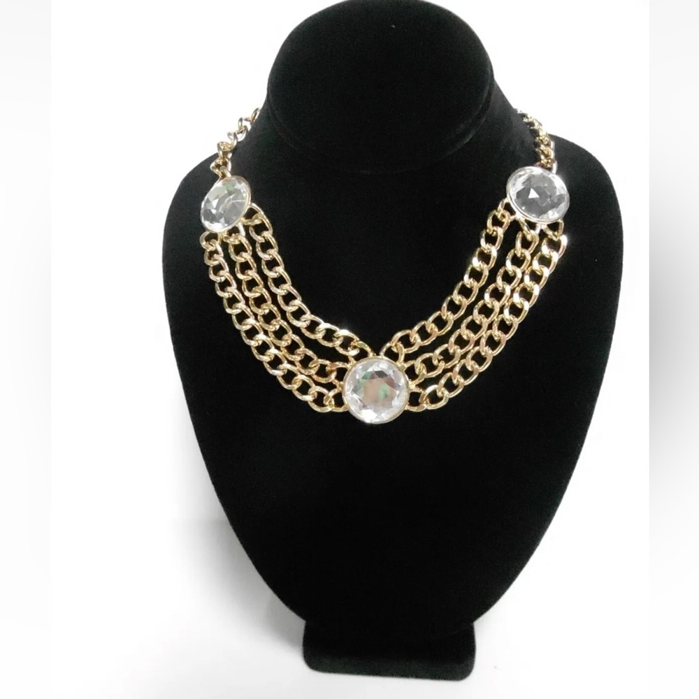 New Chocolate Fashion Alloy Gold-tone Chain with 3 Faux Rhinestone Necklace